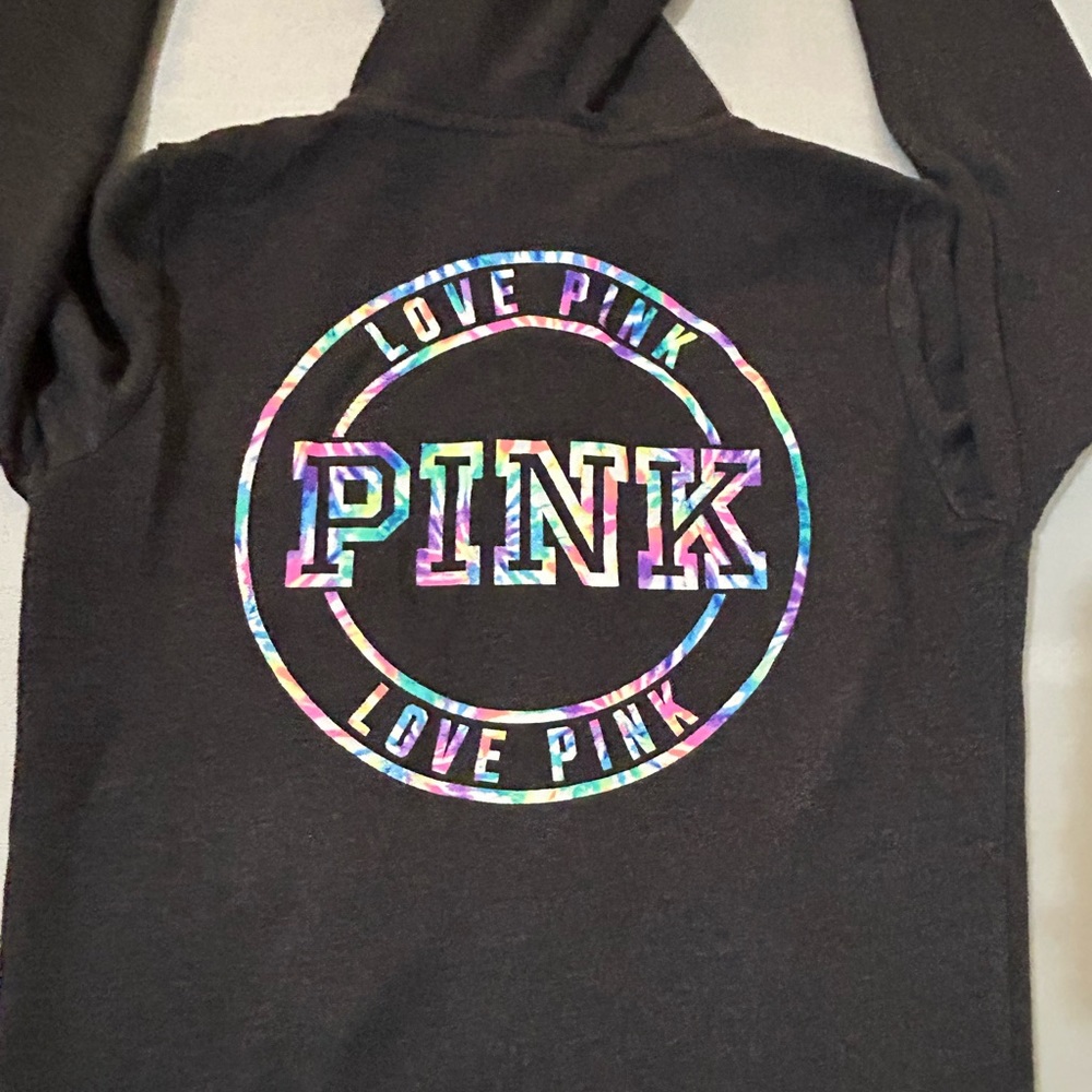 Victoria Secret Pink Hoodie Size XS Gray Multicolor Tie Die Logo Pockets